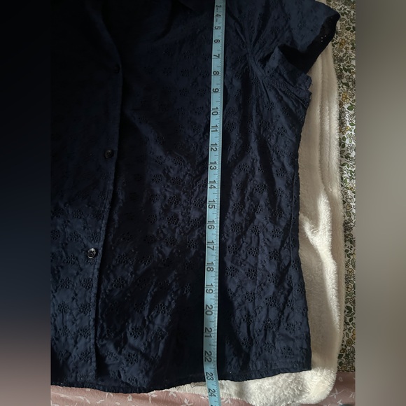 Navy Blue Short Sleeve Button-Up Top size L - Picture 6 of 7